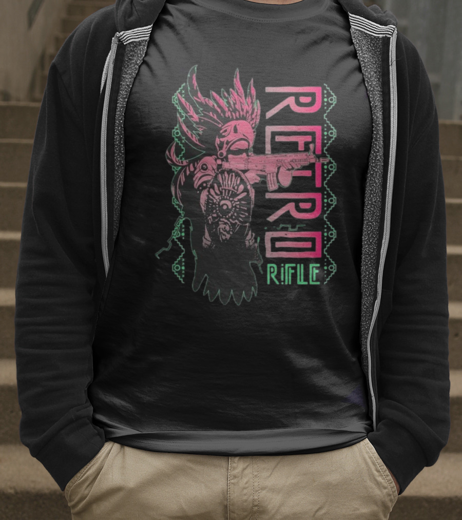 Retro Rifle Aztec Warrior Art Green Pink Feather Pattern T-Shirt