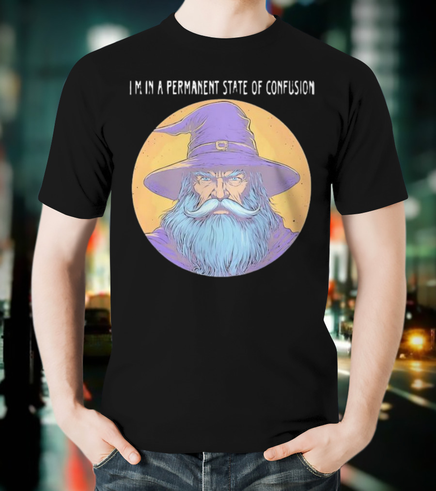 Wizard Magic I'm In A Permanent State Of Confusion Purple Hat Mystic Illustration T-Shirt