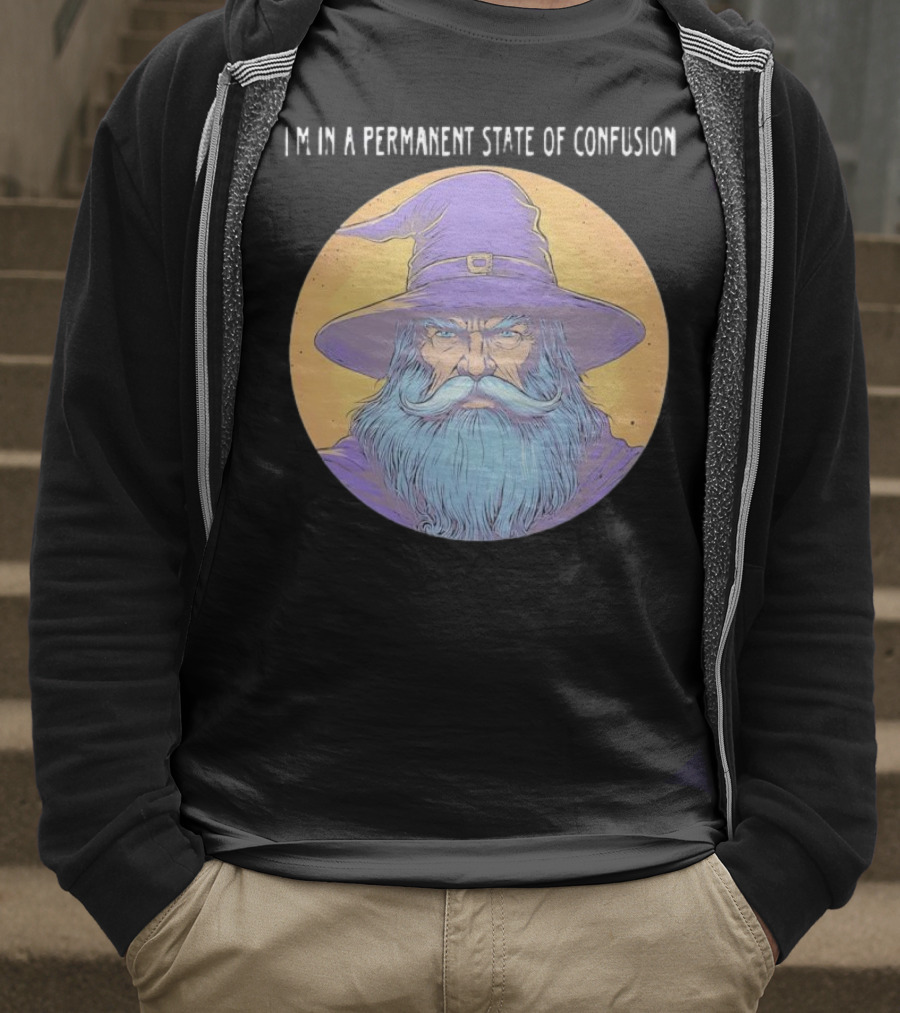 Wizard Magic I'm In A Permanent State Of Confusion Purple Hat Mystic Illustration T-Shirt