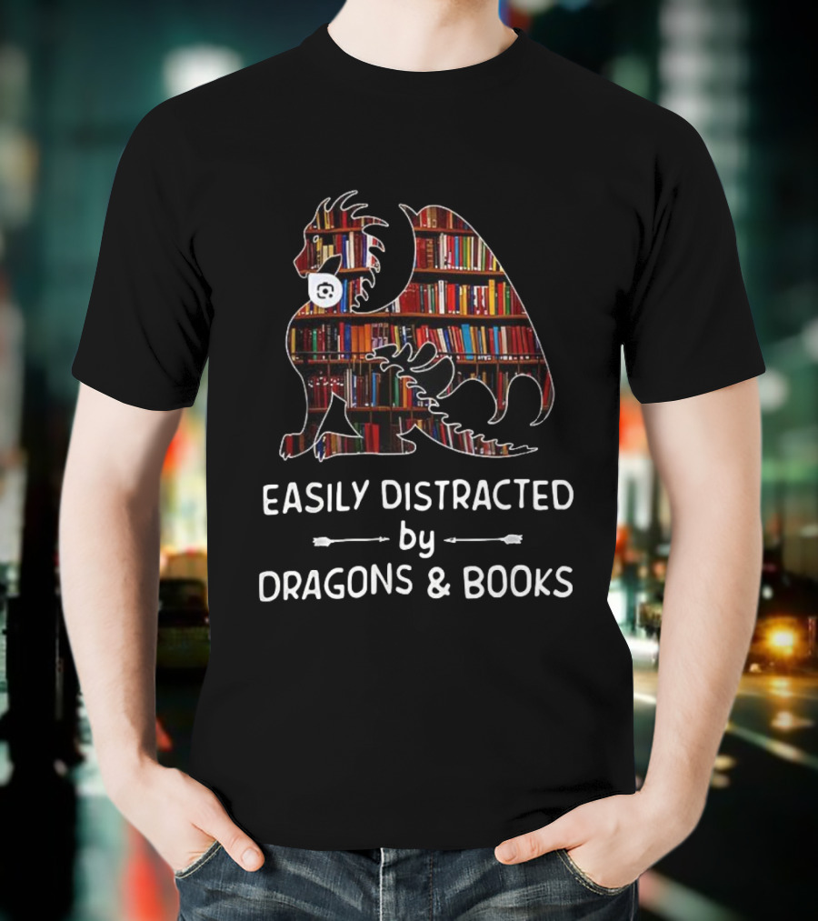 Easily Distracted By Dragons & Books Library Collage T-Shirt