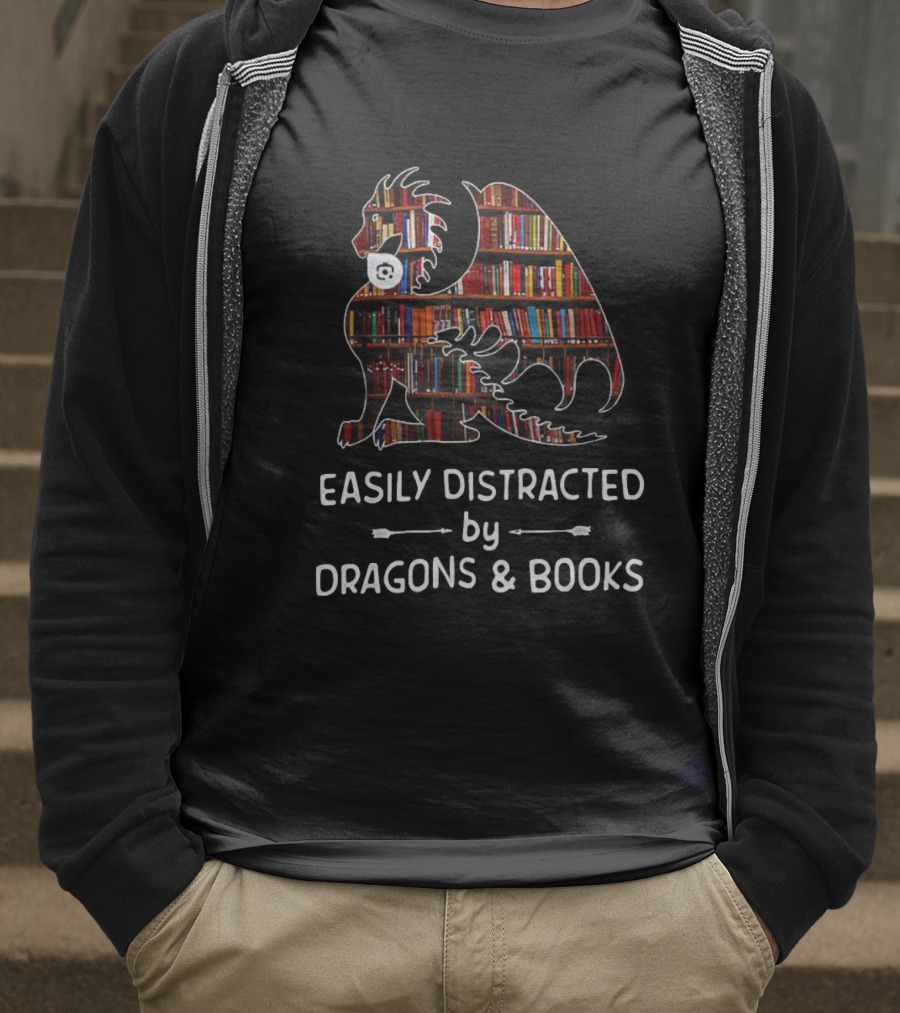Easily Distracted By Dragons & Books Library Collage T-Shirt