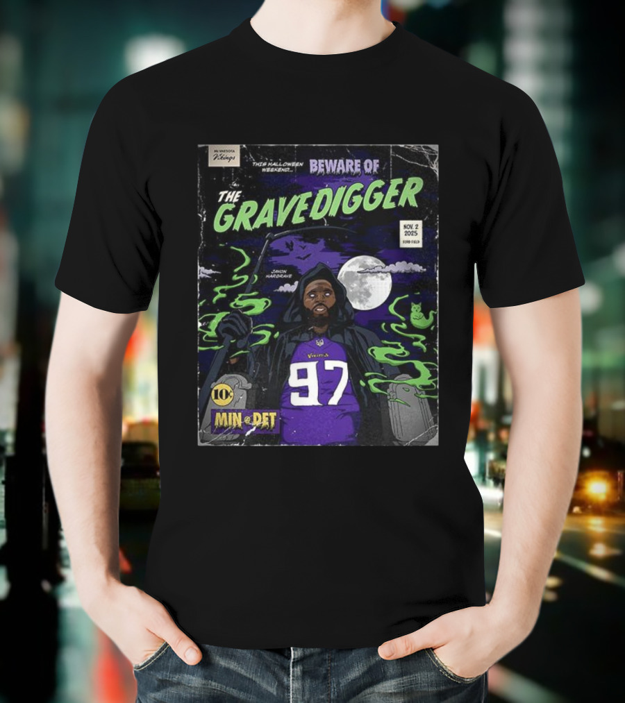 Minnesota Vikings Vs Detroit Lions 2025 Beware Of The Gravedigger Javon Hargrave Comic T-Shirt