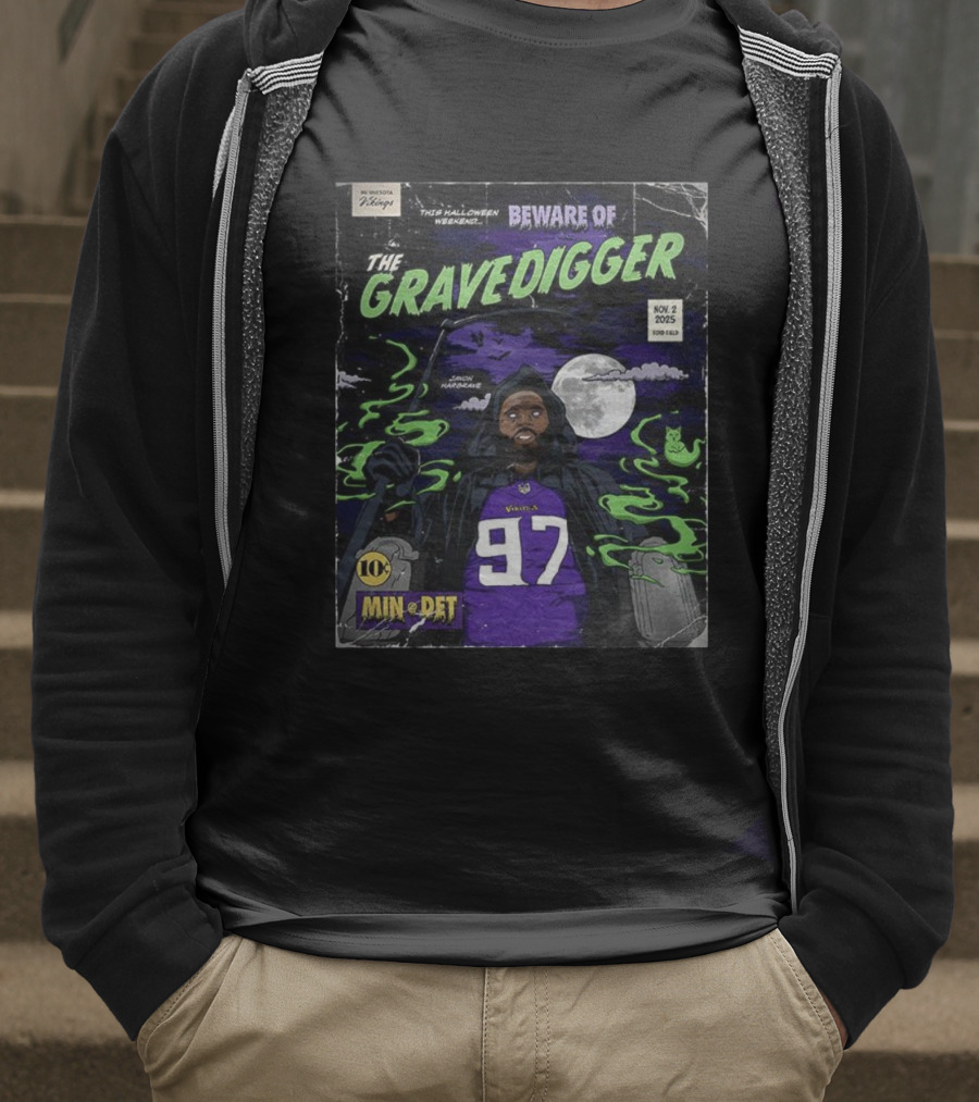 Minnesota Vikings Vs Detroit Lions 2025 Beware Of The Gravedigger Javon Hargrave Comic T-Shirt