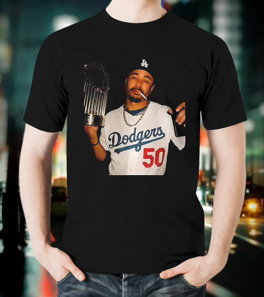 Mookie Betts Dodgers 2025 World Series Champions Celebration Smoking Topps T-Shirt