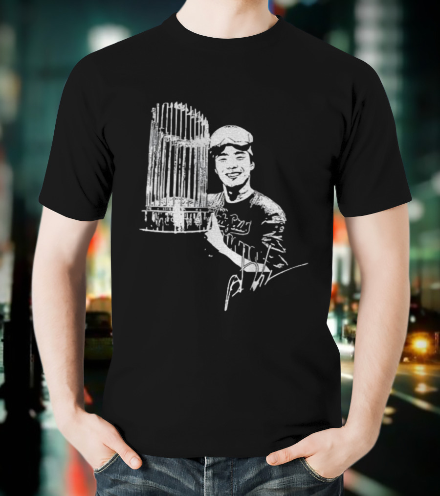 Yoshinobu Yamamoto MLB Champions Celebration Los Angeles Dodgers Cup Holding Player Signature T-Shirt