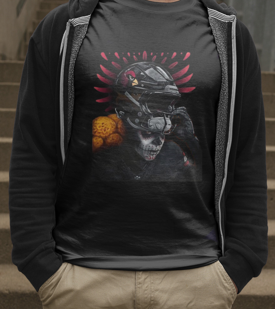 Arizona Cardinals Día De Muertos Football Helmet Skull Design T-Shirt