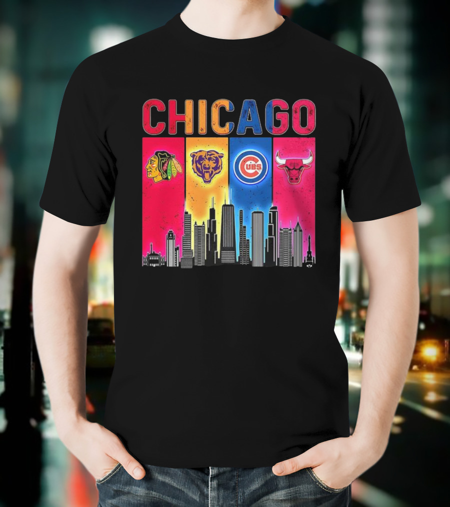 Chicago Blackhawks Bears Cubs Bulls Skyline T-Shirt