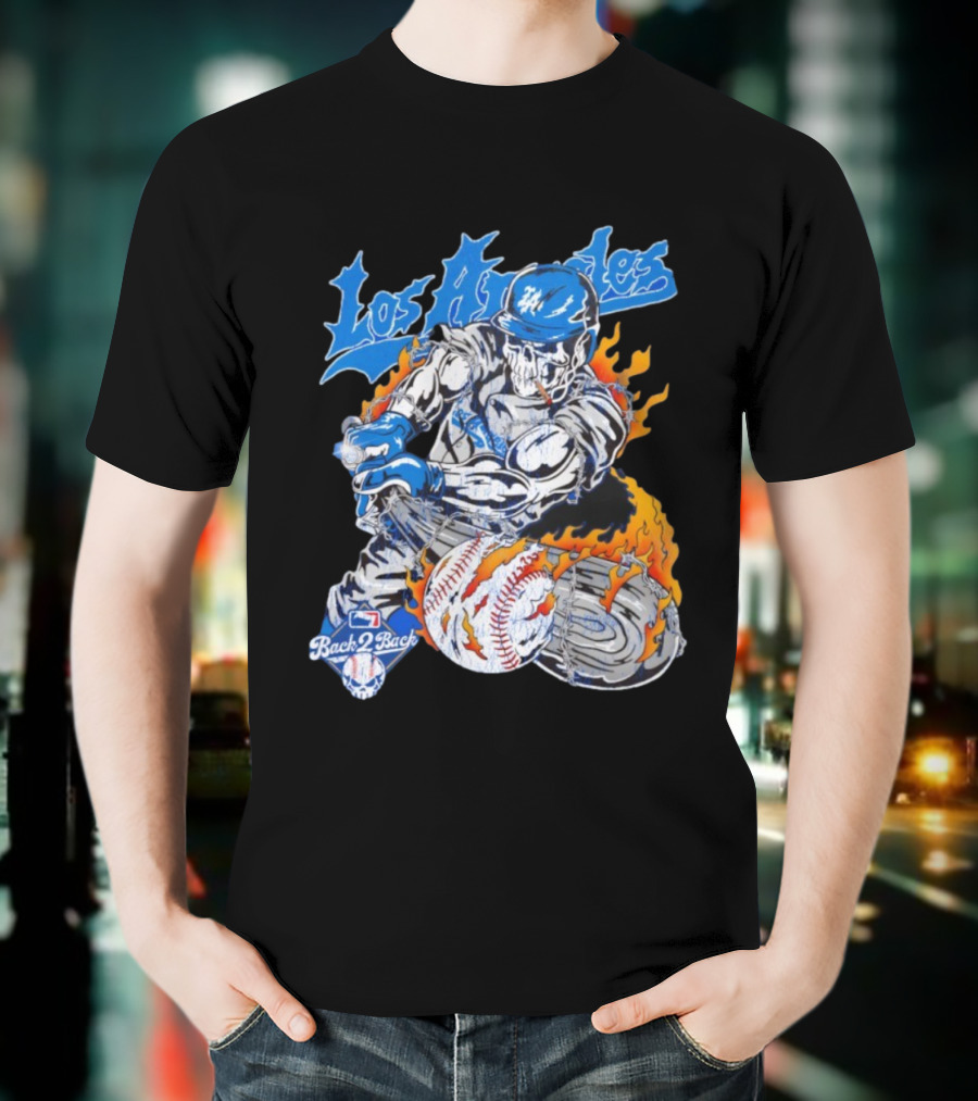 Warren Lotas Back 2 Back Los Angeles Dodgers MLB Skull Baseball Flame Design T-Shirt