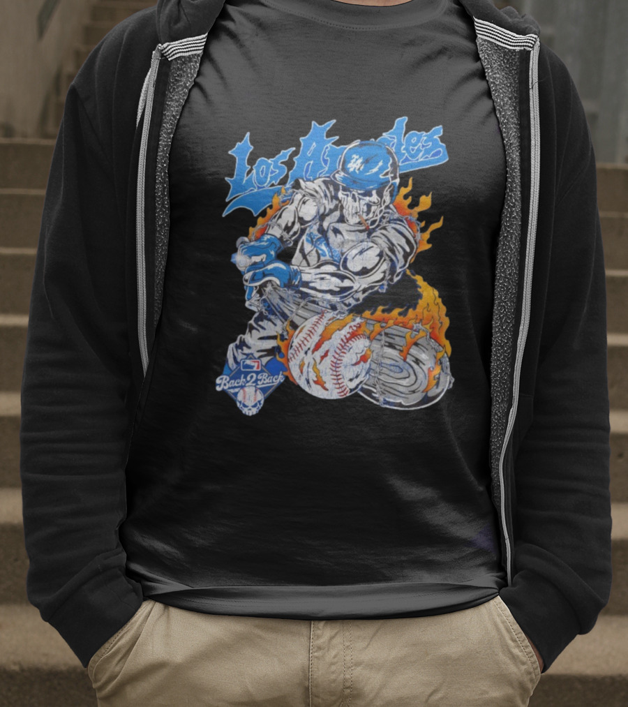 Warren Lotas Back 2 Back Los Angeles Dodgers MLB Skull Baseball Flame Design T-Shirt