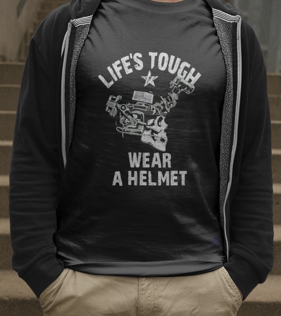 Life's Tough Wear A Helmet Skull Graphic With Mechanical Elements T-Shirt