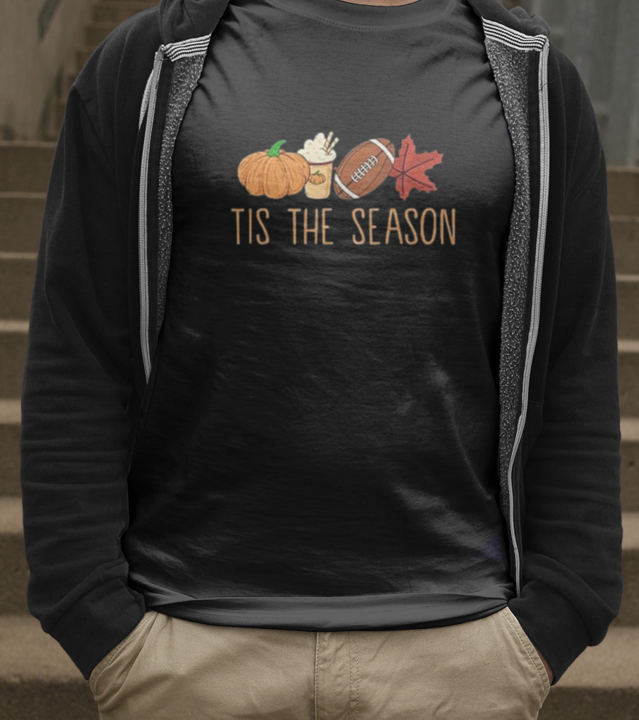 Tis The Season Pumpkin Latte Football And Fall Leaf T-Shirt