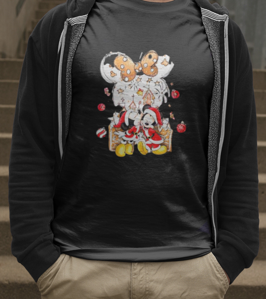 Mickey And Minnie Christmas Castle Gingerbread Mouse Ears Holiday Scene T-Shirt