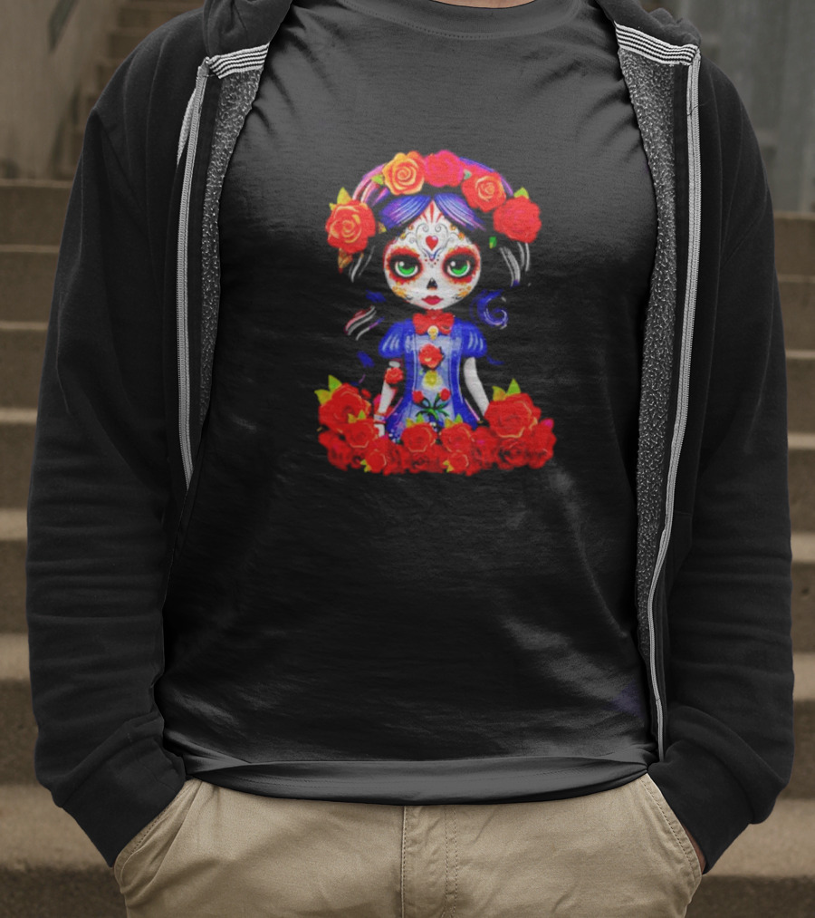 Women LA Catrina Day Of The Dead Floral Rose Adorned T-Shirt