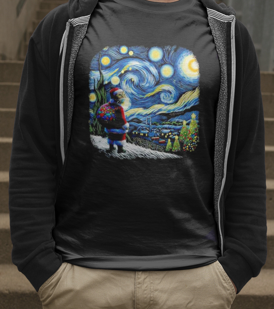 Cat Santa Paws Van Gogh Starry Night Christmas Holiday Scene T-Shirt