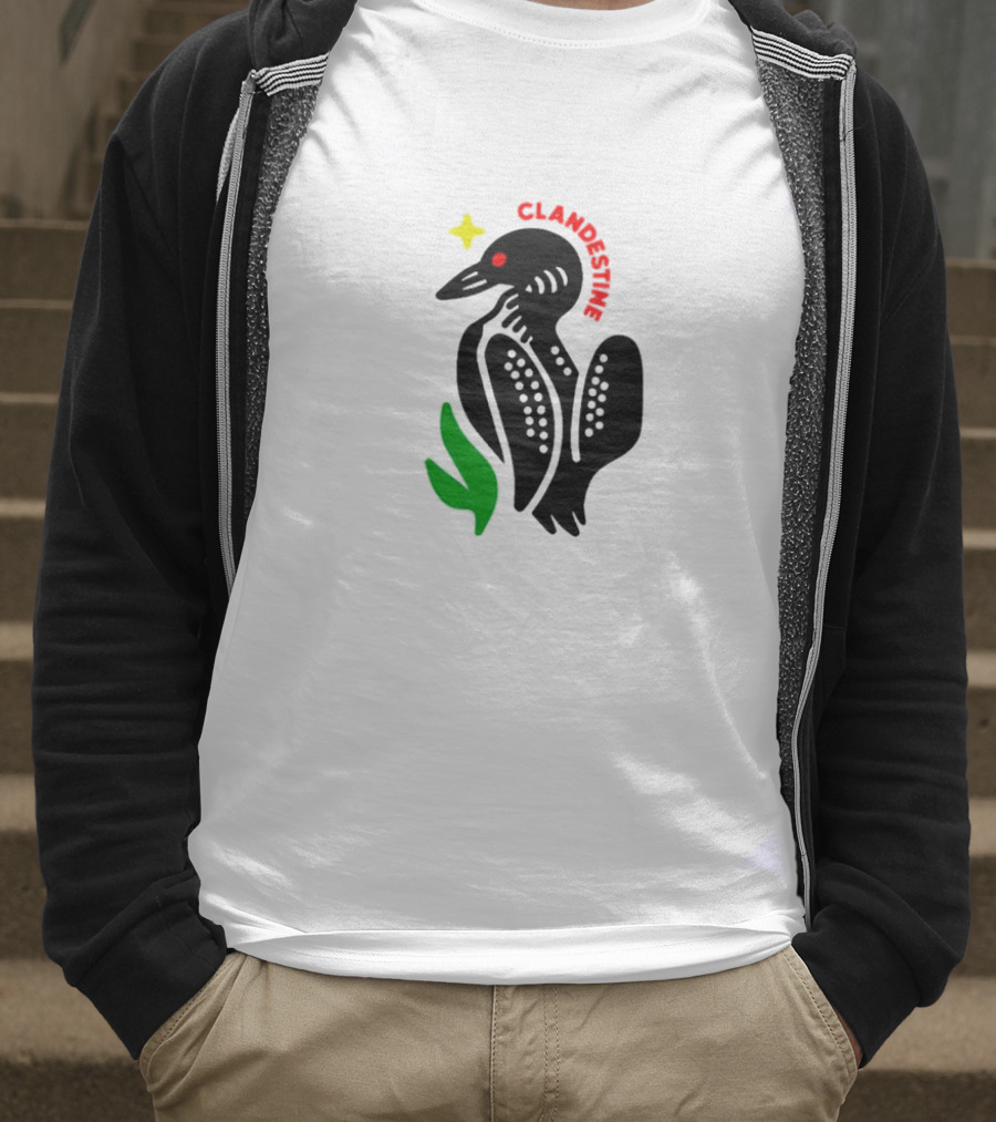 Clandestine Loon Bird With Star And Green Leaf Elements T-Shirt