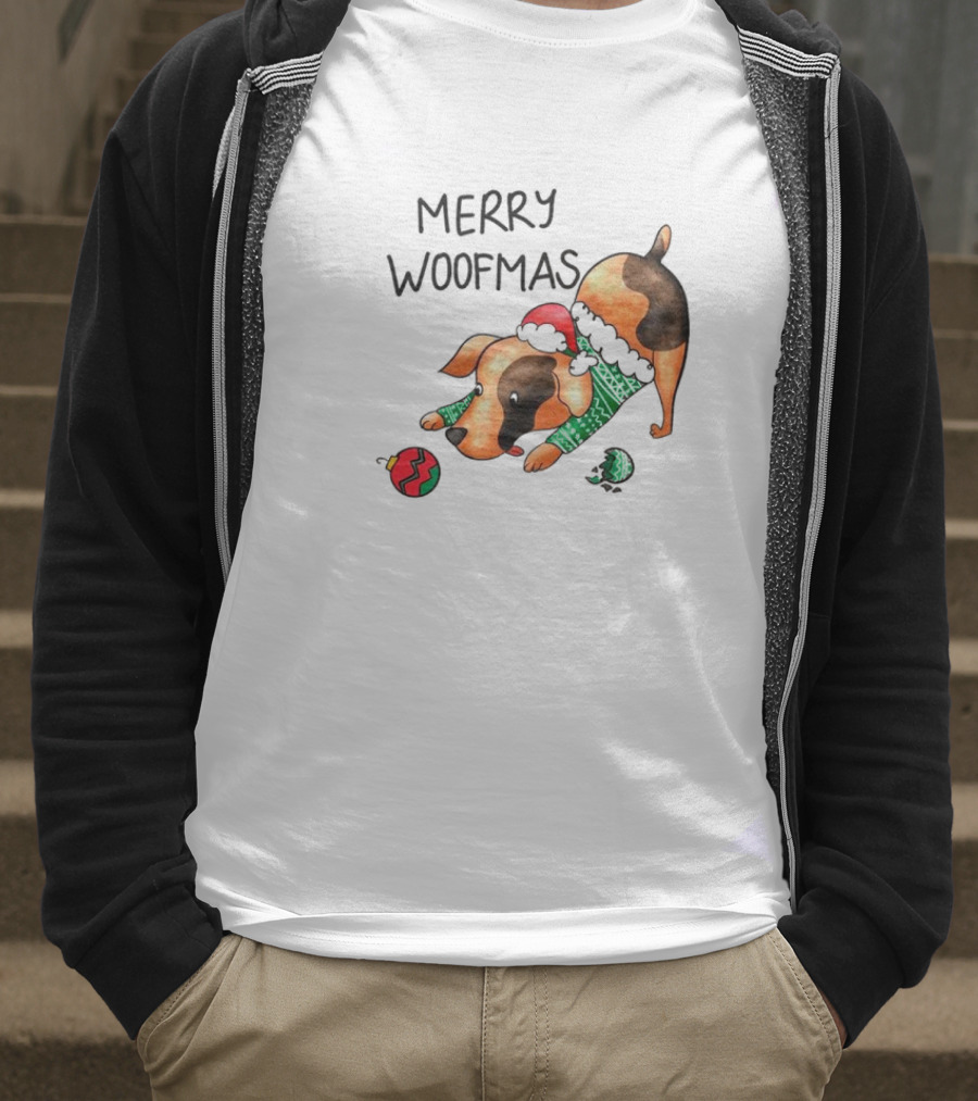 Merry Woofmas Dog In Santa Hat And Sweater With Christmas T-Shirt