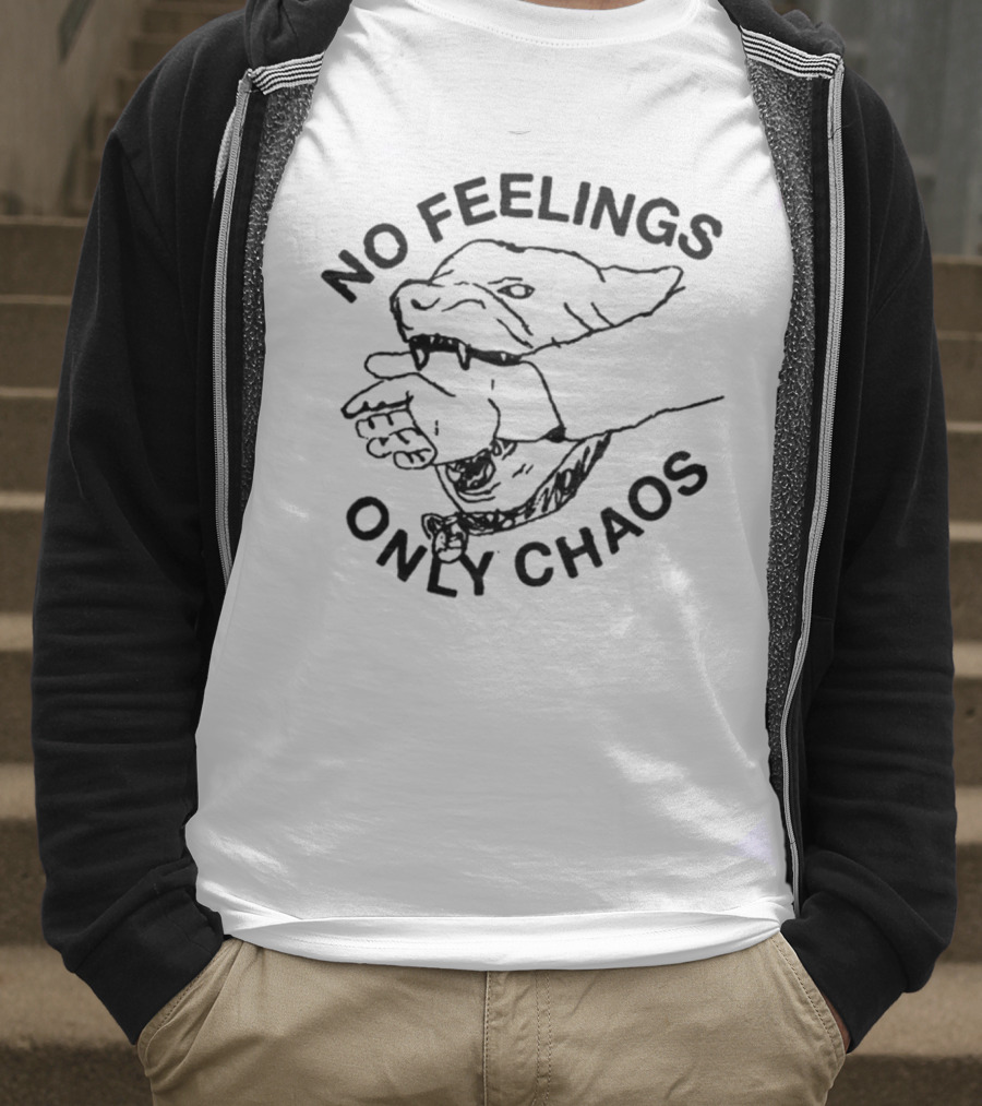 No Feelings Only Chaos Hand-Biting Shark Drawing T-Shirt
