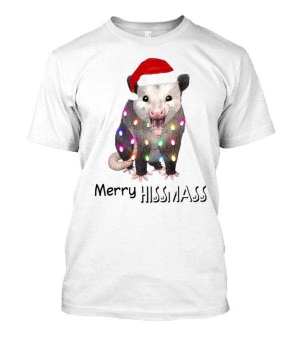 Merry Hissmas Opossum Santa Hat Christmas Lights T-Shirt