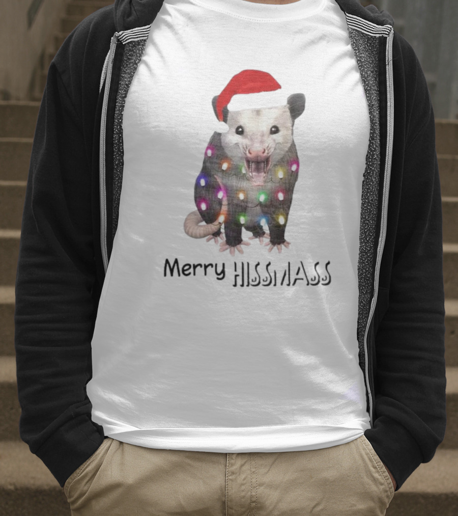 Merry Hissmas Opossum Santa Hat Christmas Lights T-Shirt