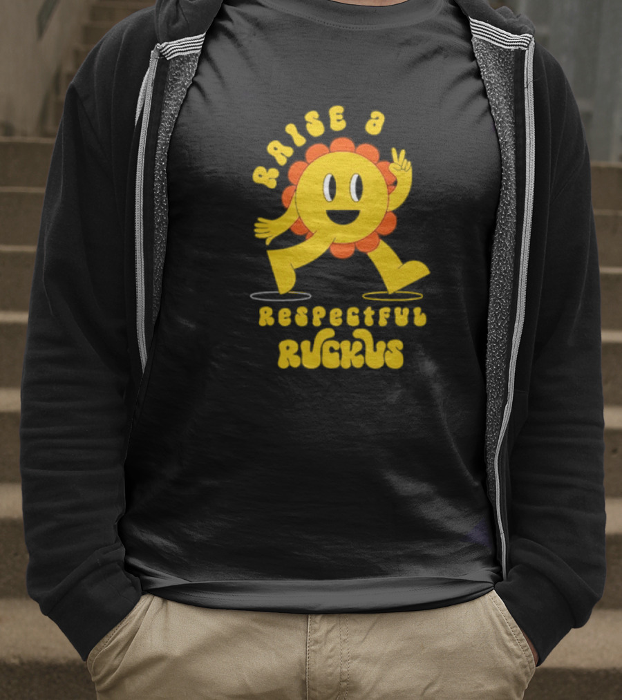 RAISE A RESPECTFUL RUCKUS CHARACTER WALKING WITH PEACE SIGN YELLOW AND ORANGE T-Shirt