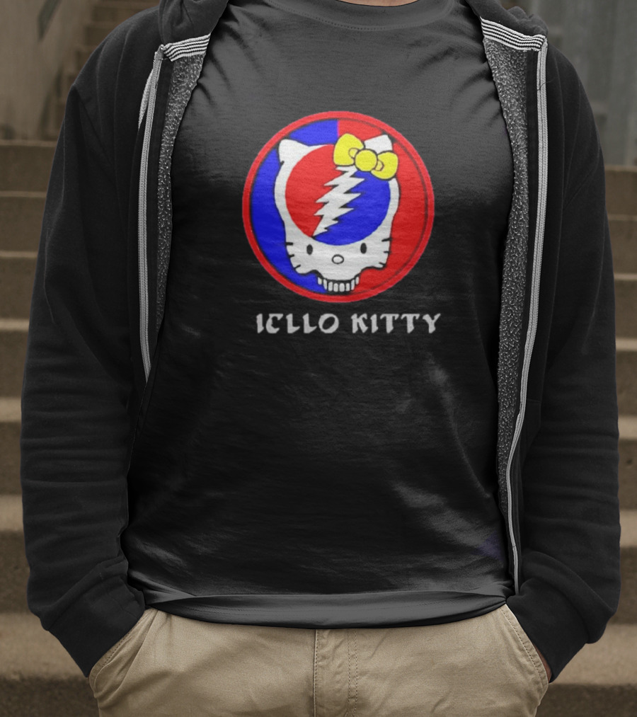 Hello Kitty Grateful Dead Skull Icon With Lightning Bolt And Yellow Bow T-Shirt
