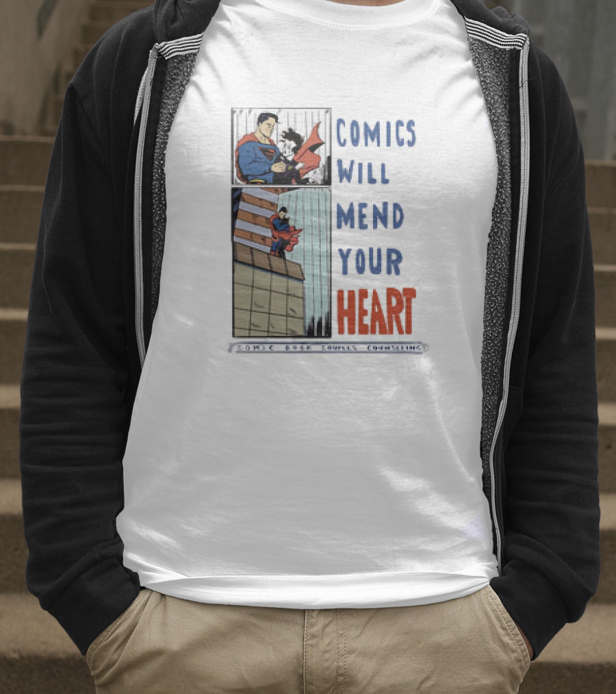 Comics Will Mend Your Heart Comic Book Couples Counseling Iconic Characters Embrace T-Shirt