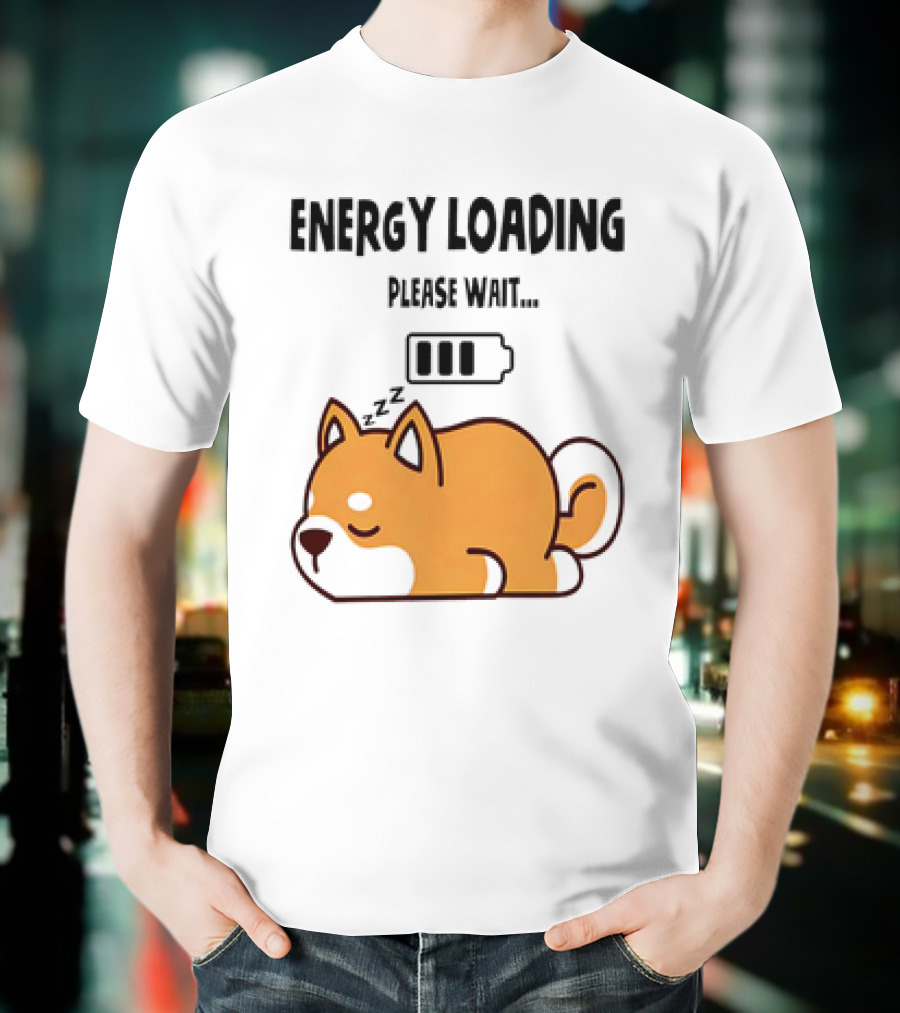 Shiba Inu Energy Loading Please Wait Battery Charging Sleepy Dog T-Shirt