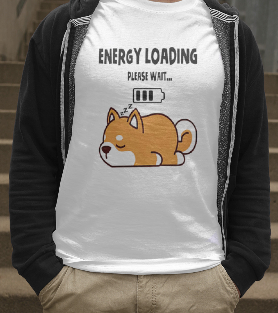 Shiba Inu Energy Loading Please Wait Battery Charging Sleepy Dog T-Shirt
