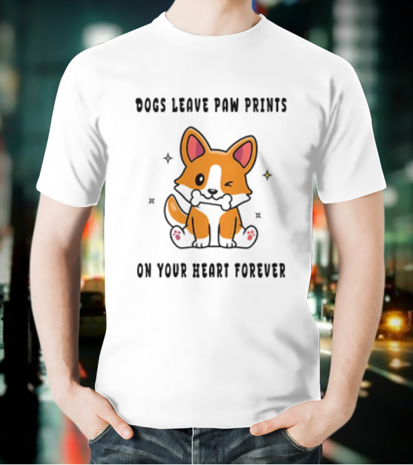 Dogs Leave Paw Prints On Your Heart Forever Shiba Inu Illustration With Bone And Stars T-Shirt