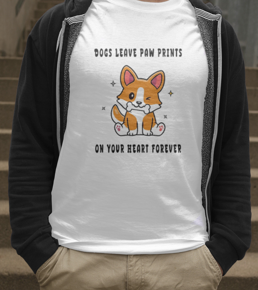 Dogs Leave Paw Prints On Your Heart Forever Shiba Inu Illustration With Bone And Stars T-Shirt