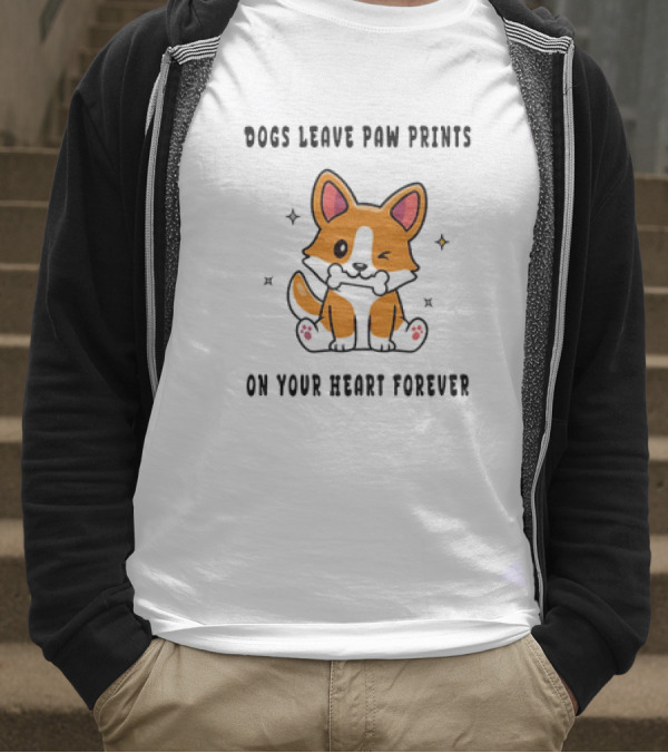 Dogs Leave Paw Prints On Your Heart Forever Shiba Inu Illustration With Bone And Stars T-Shirt