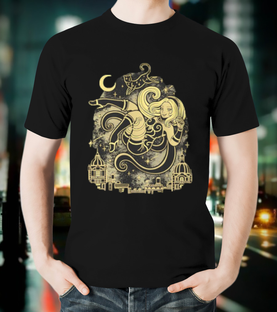 Gravity Rush Floating Cat And Girl In The Sky With Crescent Moon Cityscape T-Shirt