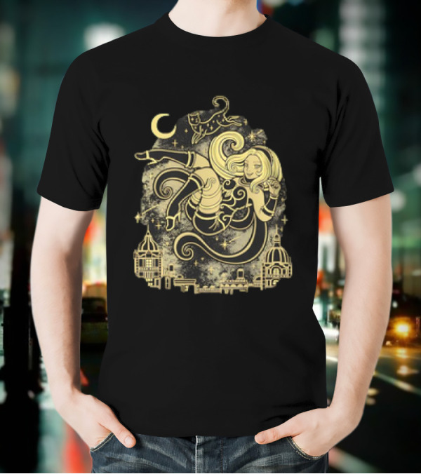 Gravity Rush Floating Cat And Girl In The Sky With Crescent Moon Cityscape T-Shirt