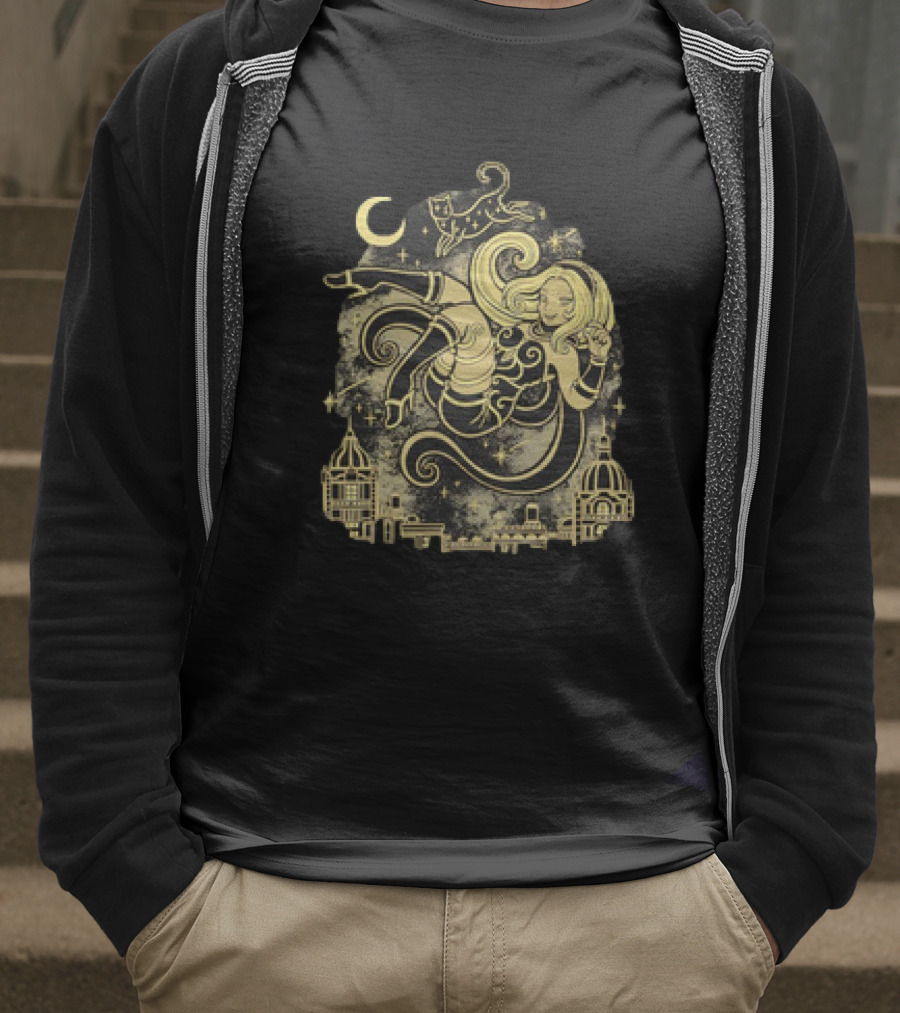Gravity Rush Floating Cat And Girl In The Sky With Crescent Moon Cityscape T-Shirt