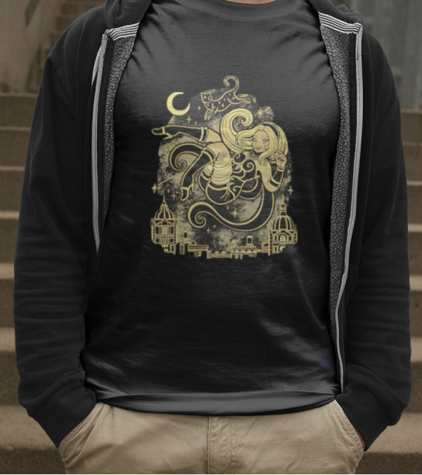 Gravity Rush Floating Cat And Girl In The Sky With Crescent Moon Cityscape T-Shirt