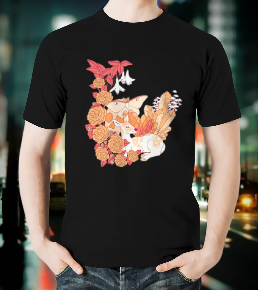 Mystical Forest Fawn Surrounded By Roses And Butterflies T-Shirt