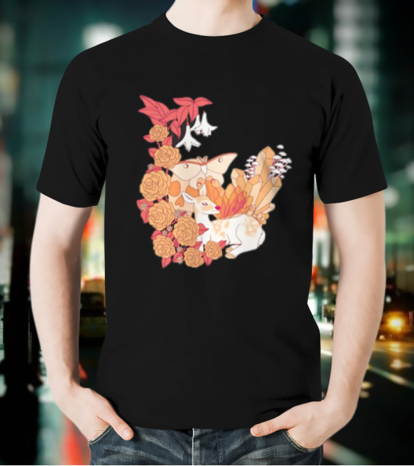 Mystical Forest Fawn Surrounded By Roses And Butterflies T-Shirt