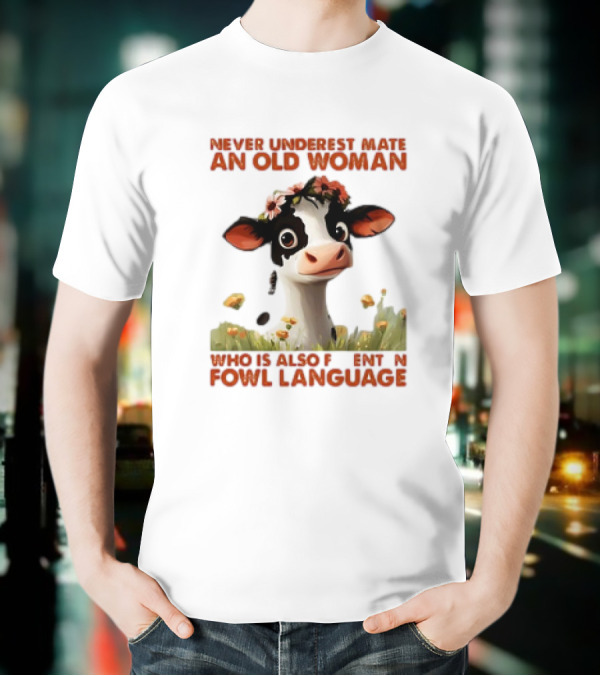 Never Underestimate An Old Woman Fluent In Fowl Language With Cow And Flowers T-Shirt