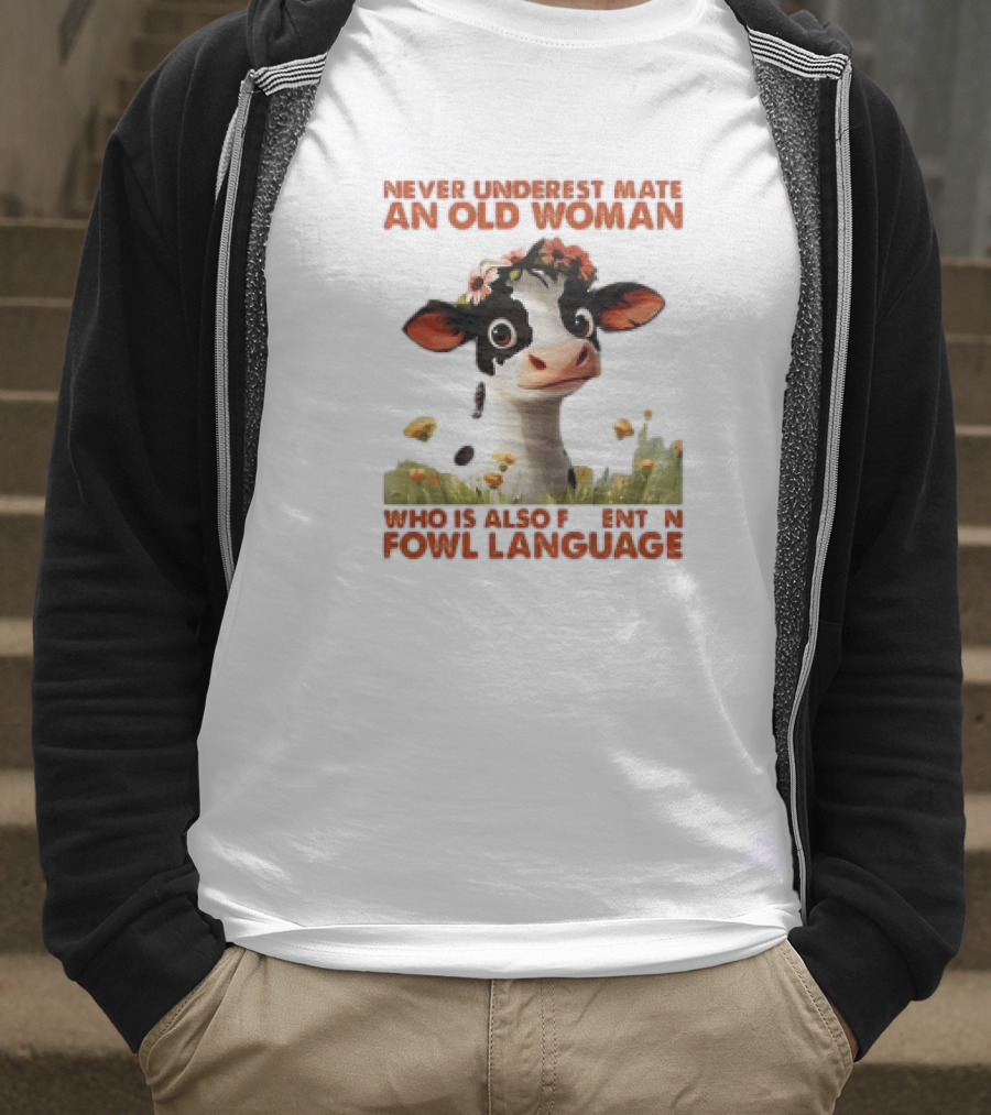 Never Underestimate An Old Woman Fluent In Fowl Language With Cow And Flowers T-Shirt