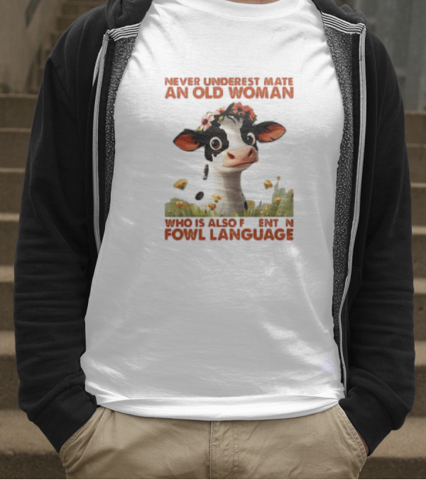 Never Underestimate An Old Woman Fluent In Fowl Language With Cow And Flowers T-Shirt
