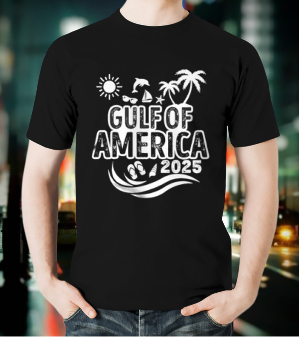 Gulf Of America 2025 Sun Palm Trees Dolphin Sailboat Sandals Waves T-Shirt