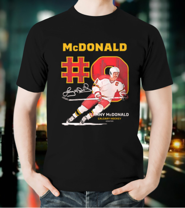 Lanny McDonald #9 Calgary Flames NHL Hockey Throwback Vintage Signature T-Shirt