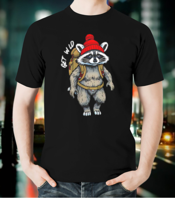 Get Wld Raccoon With Backpack And Red Beanie T-Shirt