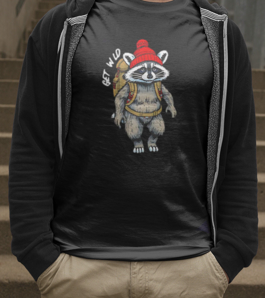 Get Wld Raccoon With Backpack And Red Beanie T-Shirt