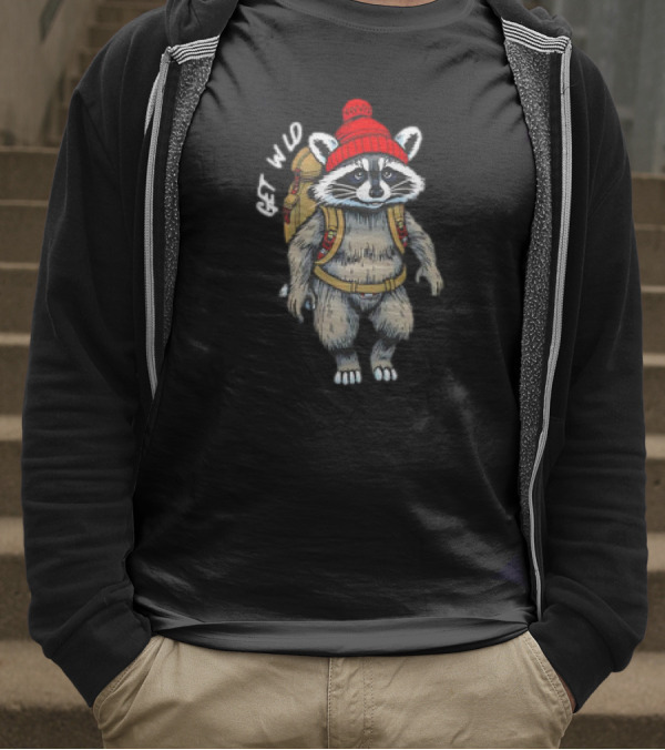 Get Wld Raccoon With Backpack And Red Beanie T-Shirt