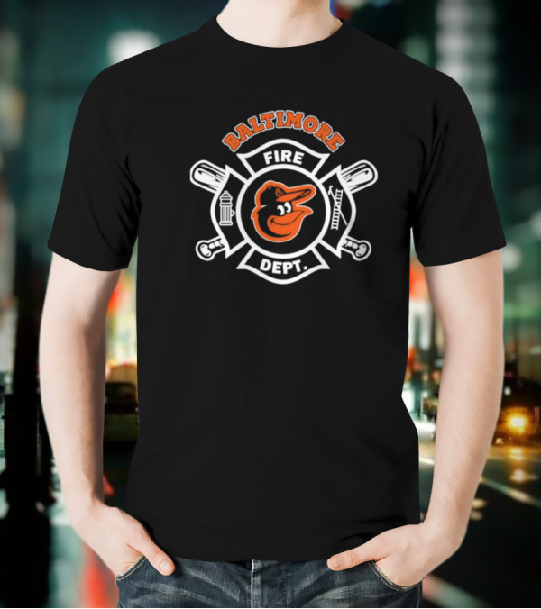 Baltimore Orioles Fire Dept Firefighters Badge Logo With Team Mascot T-Shirt