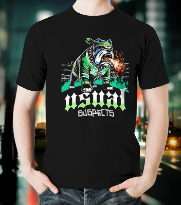 Usual Suspects Bulldog With Fiery Breath And Green Bandana T-Shirt
