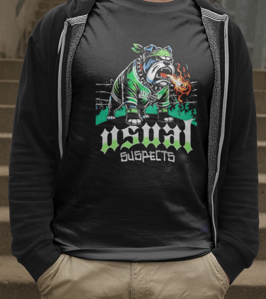 Usual Suspects Bulldog With Fiery Breath And Green Bandana T-Shirt