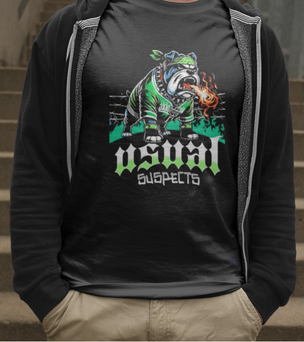 Usual Suspects Bulldog With Fiery Breath And Green Bandana T-Shirt