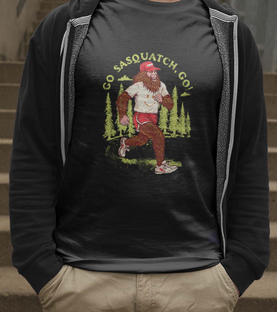 Go Sasquatch Go Bigfoot Jogging In Forest With Red Cap And Sneakers T-Shirt